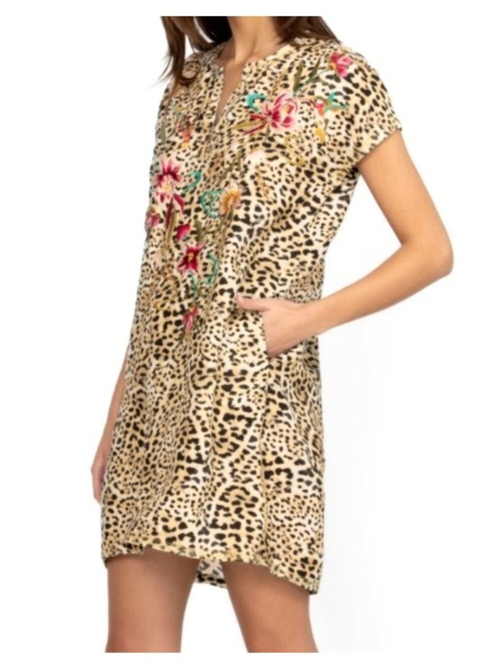 Johnny Was Womens Sz M Leopard Print Floral embroidery Maisie Tunic Dress